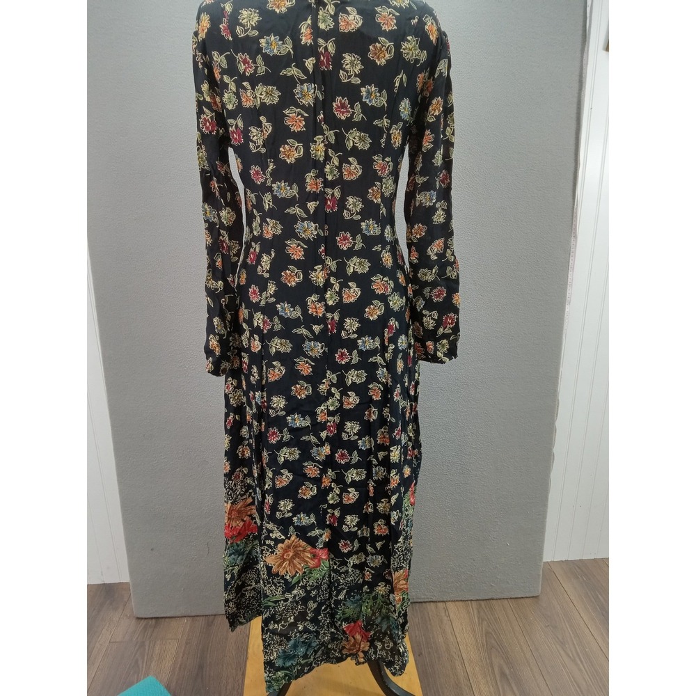 Adini Maxi Dress Womens Sz P Black Floral Cottagecore Rayon Long Sleeve Casual‎ - Picture 8 of 12